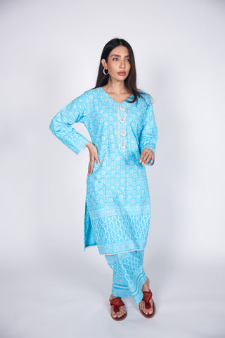 ELEGANT BLOCK PRINT ON COTTON WITH GLITTER 02-PIECE SHIRT & TROUSER