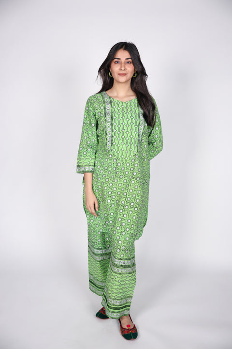 ELEGANT BLOCK PRINT ON COTTON WITH GLITTER 02-PIECE SHIRT & TROUSER