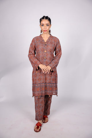 AJRAK PRINTED FABRIC STITCHED 02 PIECE SHIRT & TROUSER.