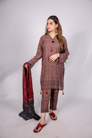 AJRAK PRINTED FABRIC STITCHED 02 PIECE SHIRT & TROUSER.