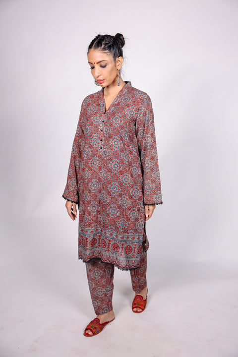 AJRAK PRINTED FABRIC STITCHED 02 PIECE SHIRT & TROUSER.