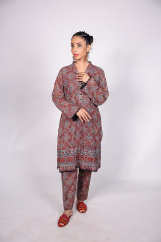 AJRAK PRINTED FABRIC STITCHED 02 PIECE SHIRT & TROUSER.