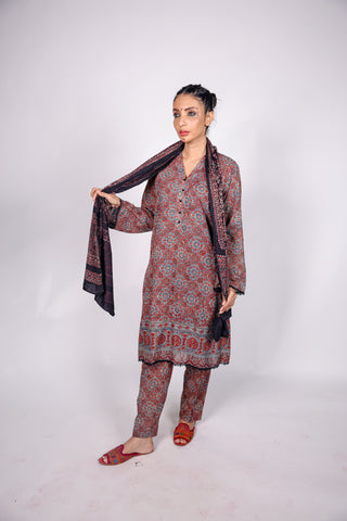 AJRAK PRINTED FABRIC STITCHED 02 PIECE SHIRT & TROUSER.