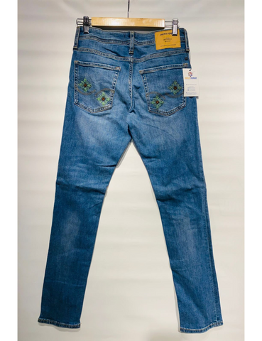 Blue Embroidered Jeans with Green Floral Details