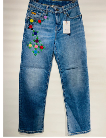 Blue Jeans with Red and Yellow Floral Embroidery