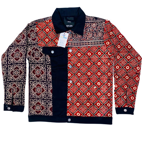 Men's Denim Jacket with Ajrak Pattern Black