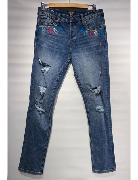 Blue Ripped Jeans with Leaf Embroidery on Pockets