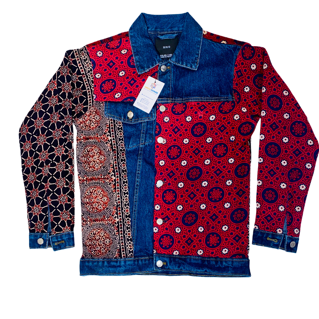 Men's Denim Jacket with Ajrak Pattern Blue