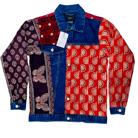 Men's denim  jacket with Ajrak pattern blue