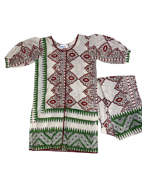 White Shalwar Kameez with Red and Green Ajrak Print