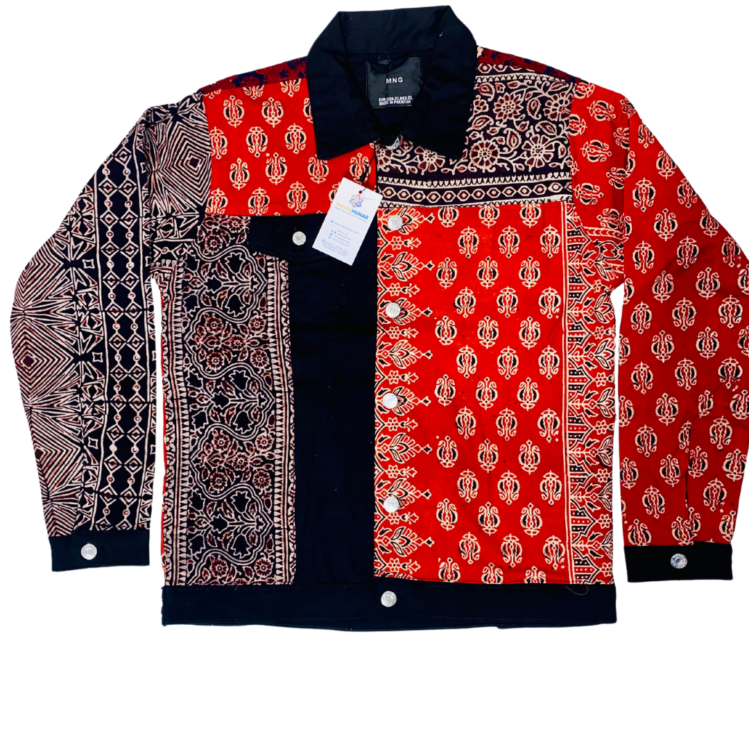 Men's Denim Jacket with Ajrak Pattern Black