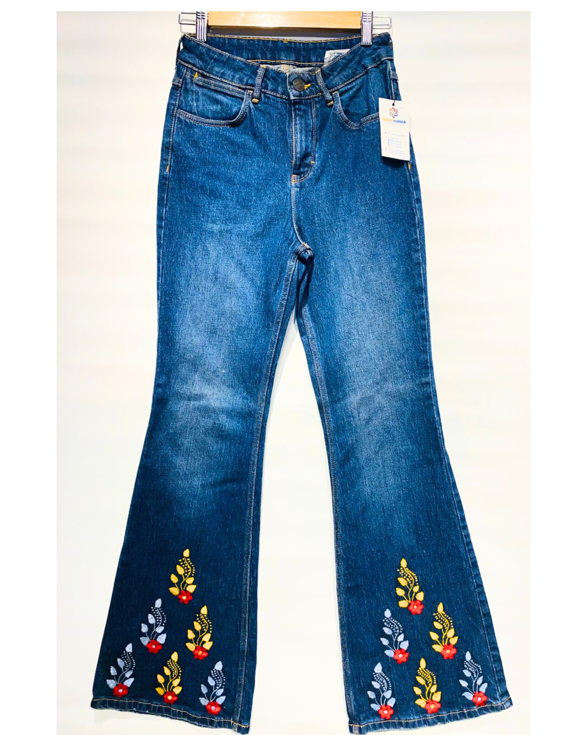 Dark Blue Flared Jeans with Floral Embroidery