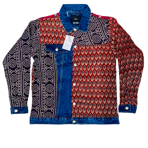 Men's Denim Jacket with Ajrak Pattern