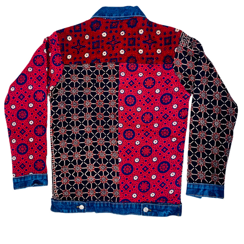 Men's Denim Jacket with Ajrak Pattern Blue