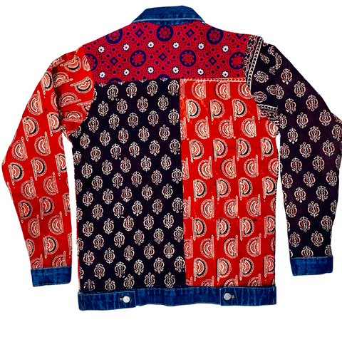 Men's denim  jacket with Ajrak pattern blue