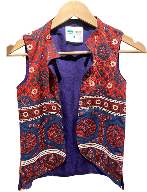 Red Ajrak Print Waistcoat