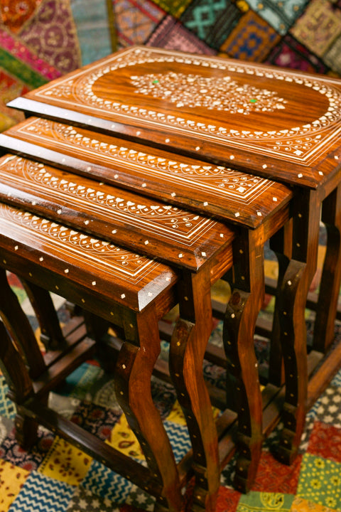 Handcrafted Wooden Tables with Stone Inlay ( Pack of 4 )