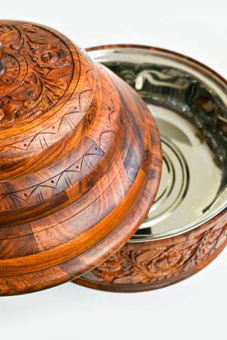 HANDMADE WOODEN HOTPOT WITH BRASS WORK AND INNER STEAL BOWL