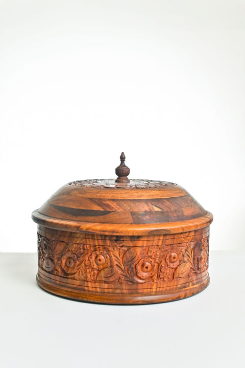 HANDMADE WOODEN HOTPOT WITH BRASS WORK AND INNER STEAL BOWL