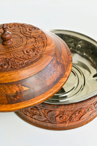 HANDMADE WOODEN HOTPOT WITH BRASS WORK AND INNER STEAL BOWL