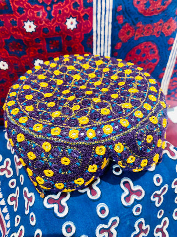 Sindhi Topi Purple & yellow embroidery with mirror work